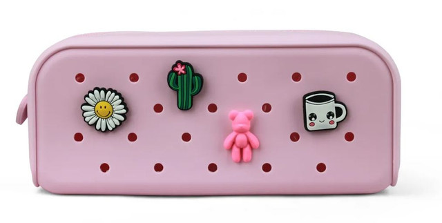 Estojo Escolar Silicone  4 Pingentes Rosa